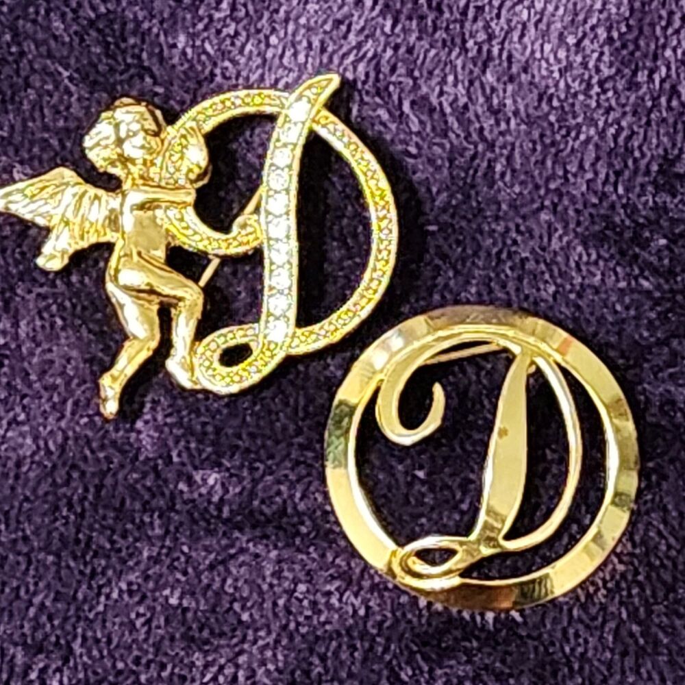 Vintage Gold Tone Brooch Set Angel Cherub Letter D & Letter D Initial Script